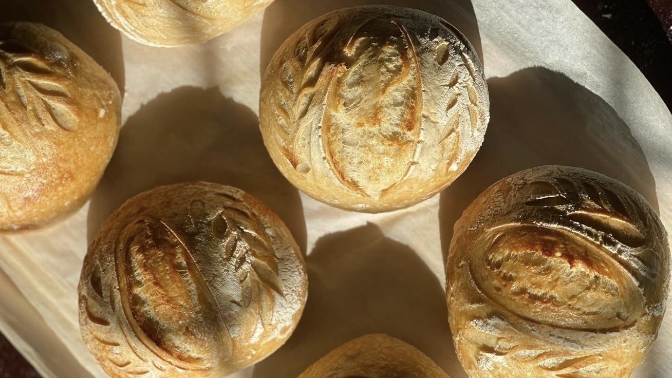Freshly baked sourdough loaves cooling on the bench